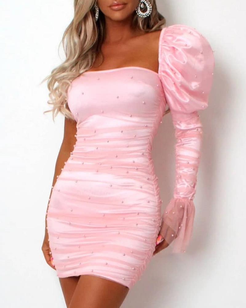 

One Shoulder Puffed Sleeve Ruched Bodycon Dress, Pink