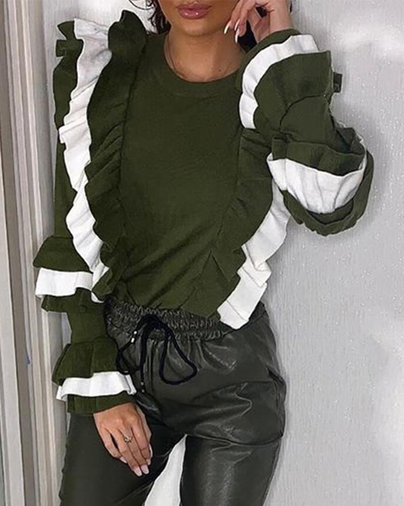 

Contrast Long Sleeve Ruffle Top, Black