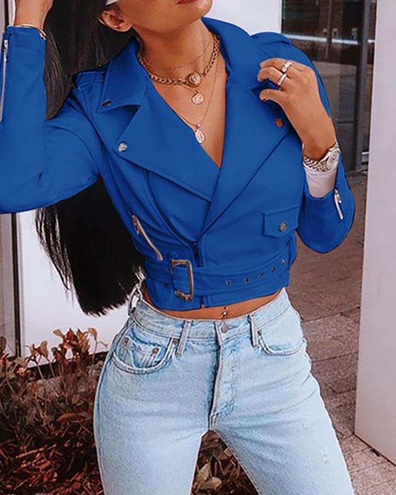 

Zipper Design Solid Leather PU Jacket, Blue