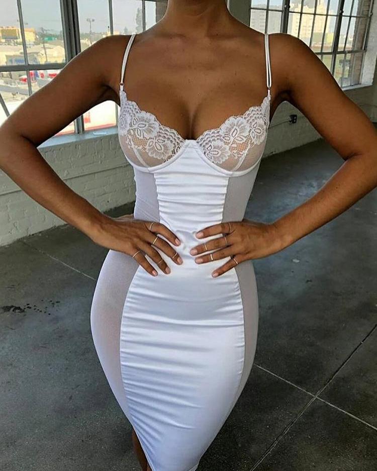 

Spaghetti Strap Lace Splcing Bodycon Dress, White