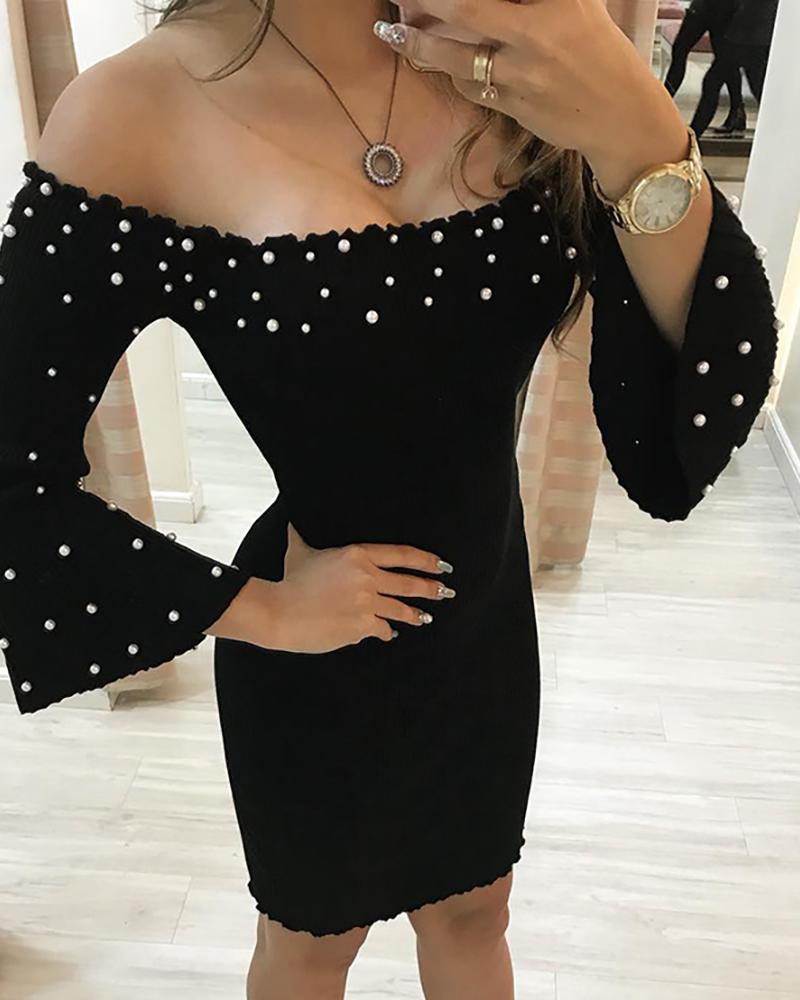 

Off Shoulder Beaded Flared Sleeve Bodycon Dress, Black