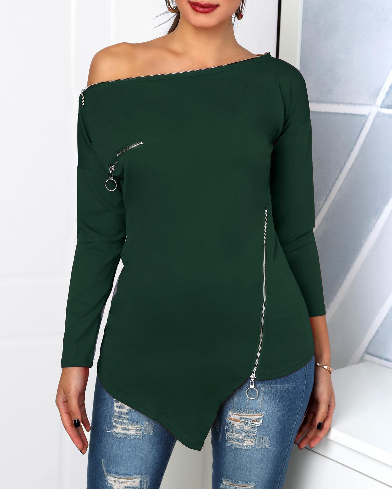 

Zipper Design Skew Neck Irregular T-Shirt
