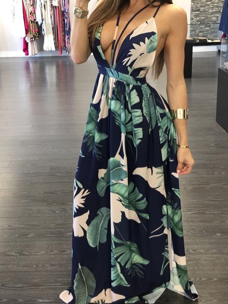 

Deep V Neck Tropical Print Backless Pleated Floral Maxi Dress