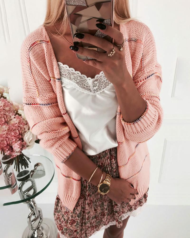 

Striped Long Sleeve Open Front Cardigan, Pink