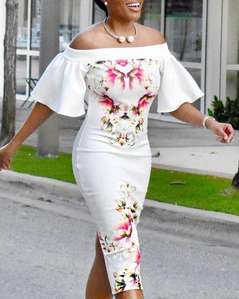 

Off Shoulder Print Bell Sleeve Bodycon Dress, White