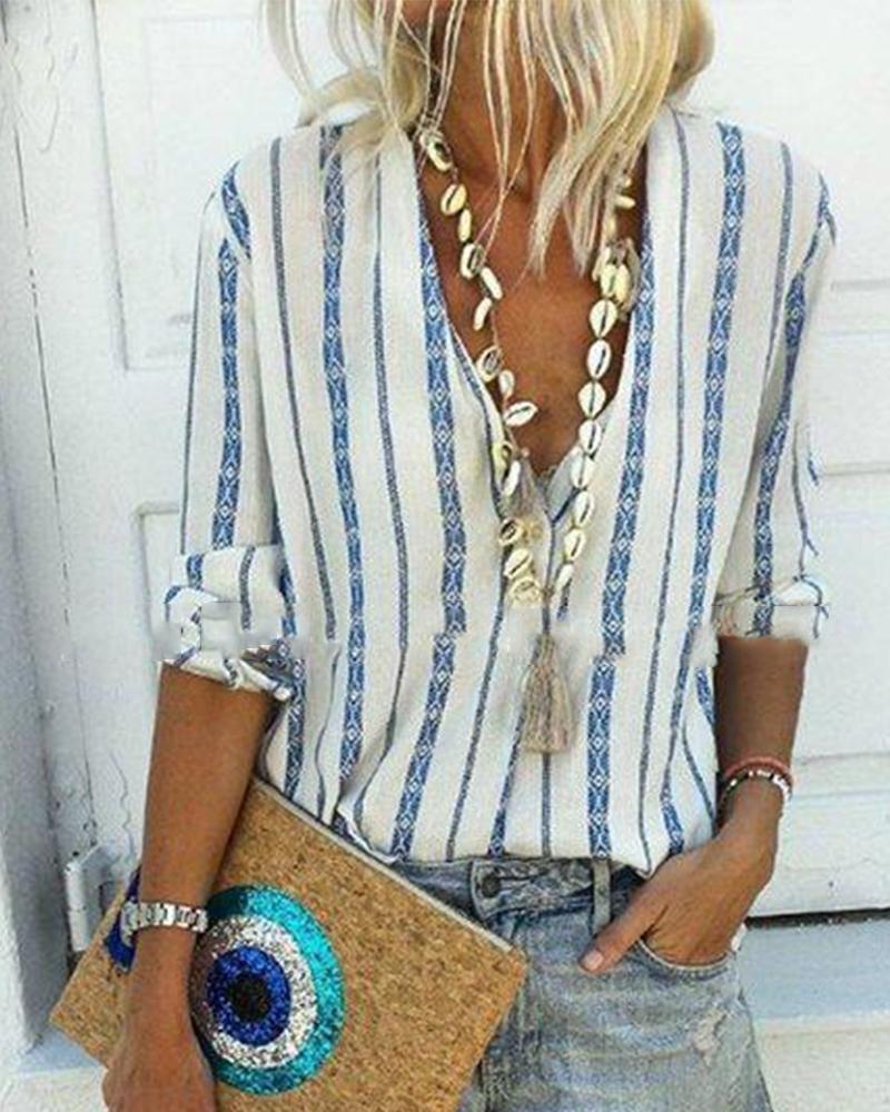 

Striped V-Neck Shirt, Blue