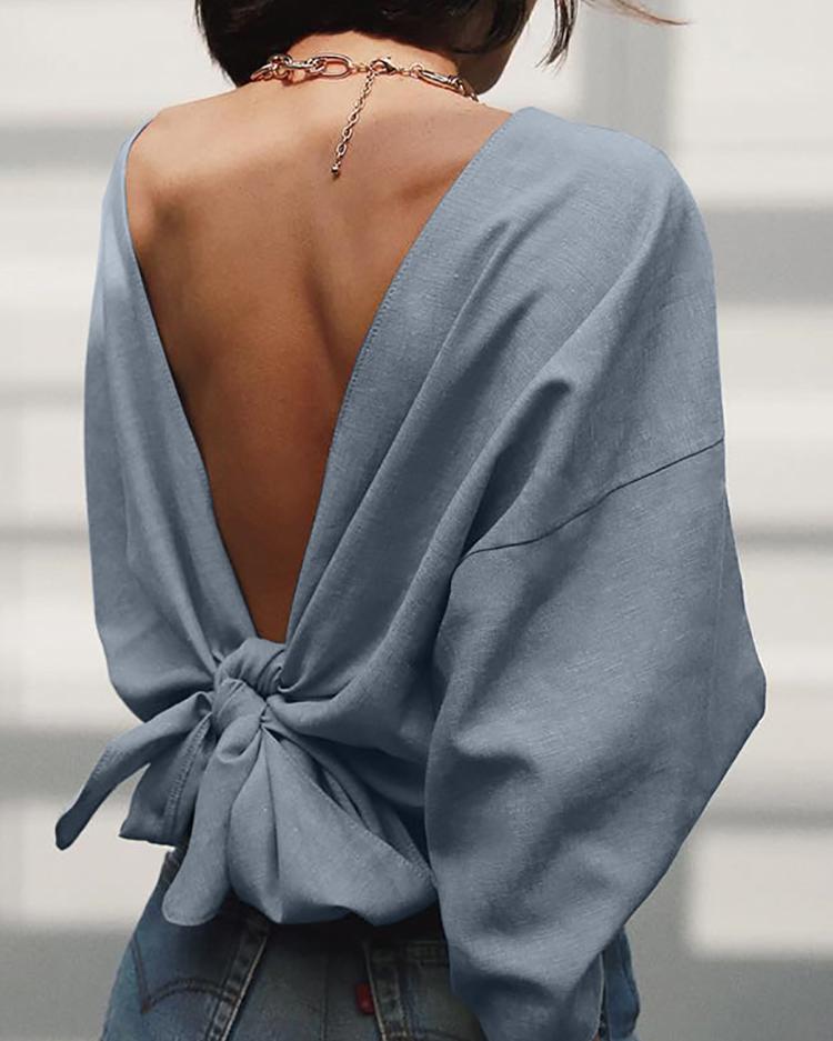 

Solid Knot Open Back Bat-Wing Sleeve Sweatshirt, Gray