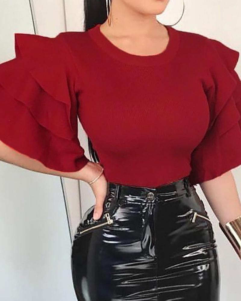 

Layered Ruffle Bell Sleeve Casual Blouse, Red