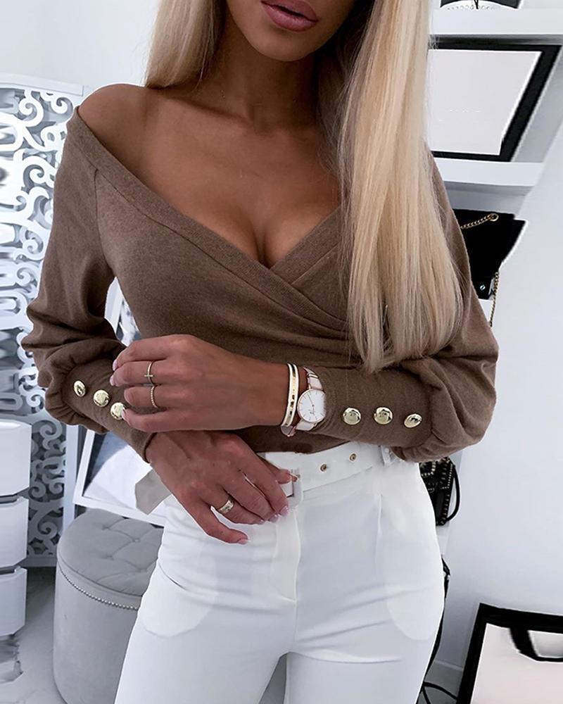 

V Neck Button Cuff Blouse, Khaki