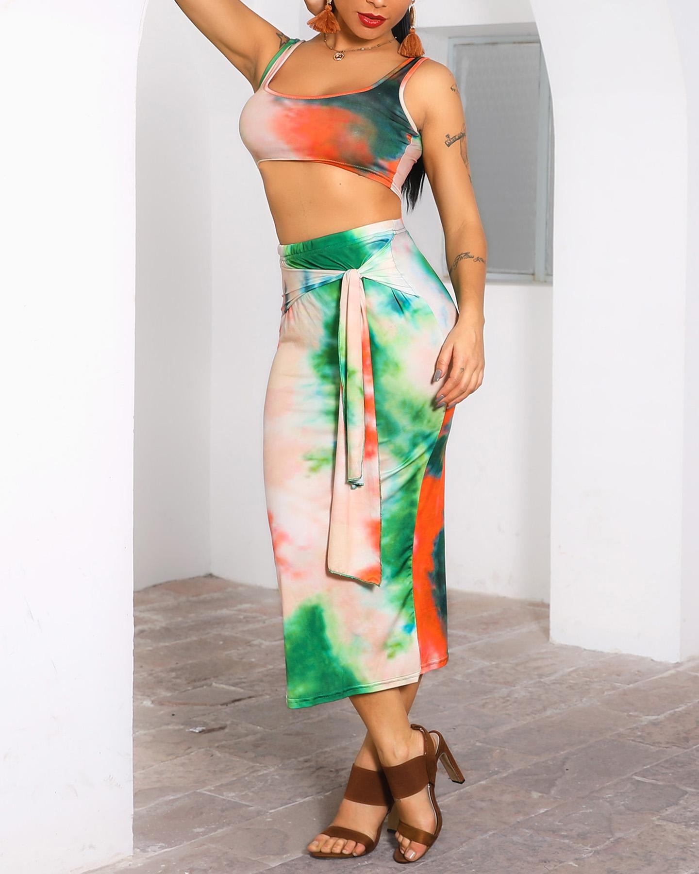 

Tie Dye U-Neck Crop Top & Sllinky Skirt Sets, Orange