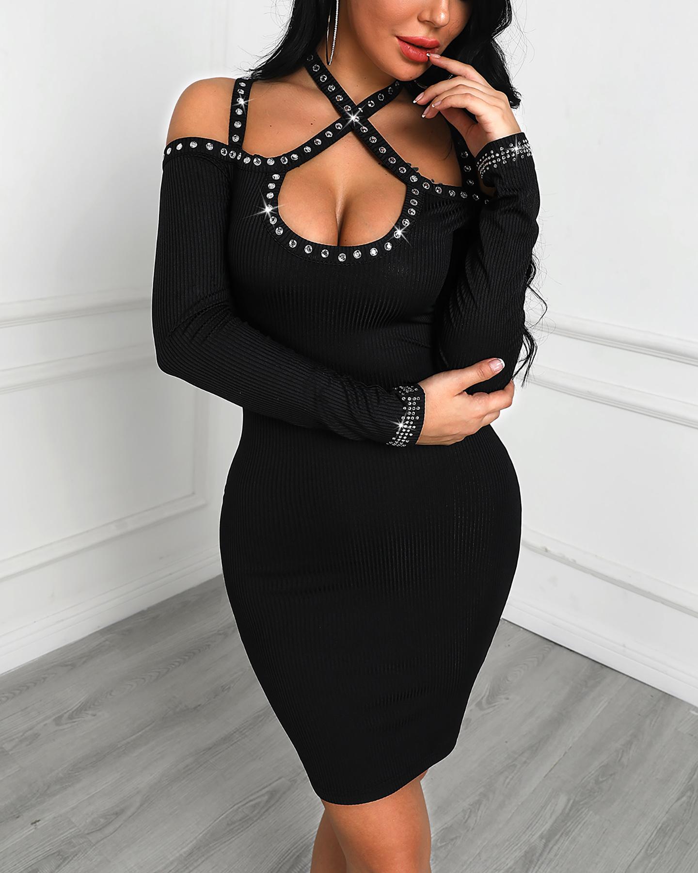 

Studded Cold Shoulder Bodycon Dress, Black