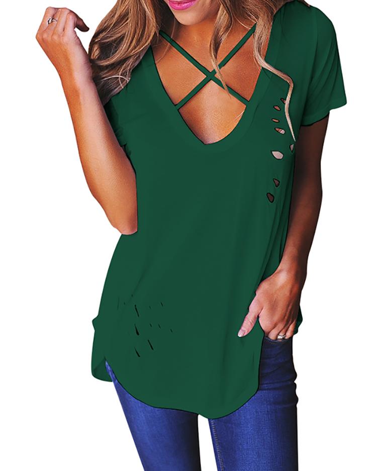 

Stylish Criss Cross Cut Out T-shirt, Green