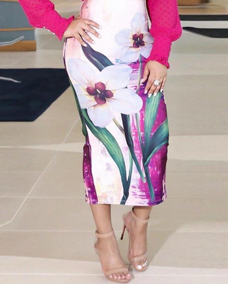 

High Waist Floral Print Skinny Skirt, White