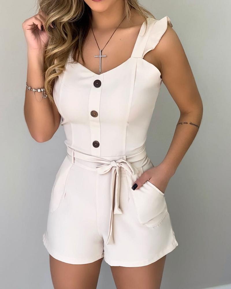 

Frill Sleeve Sweetheart Neck Tied Romper, Beige