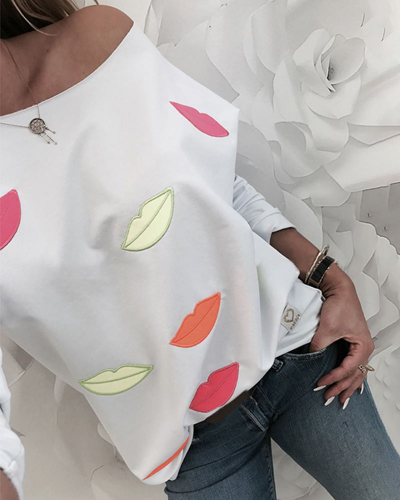 

Skew Neck Mouth Pattern Long Sleeve T-shirt, White