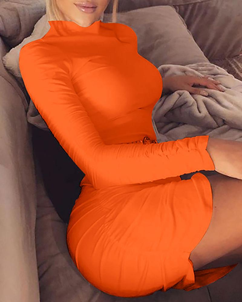 

Solid Mock Neck Long Sleeve Ruched Bodycon Dress