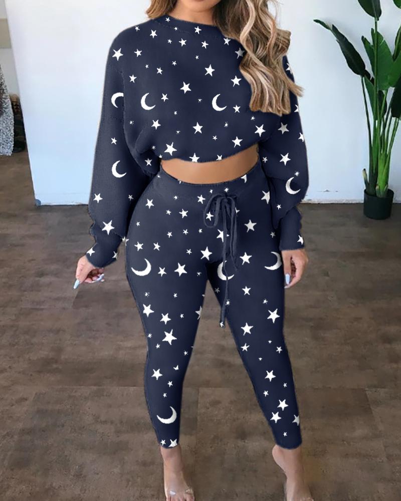 

All Over Print Crop Top & Drawstring Pants Set, Purplish blue