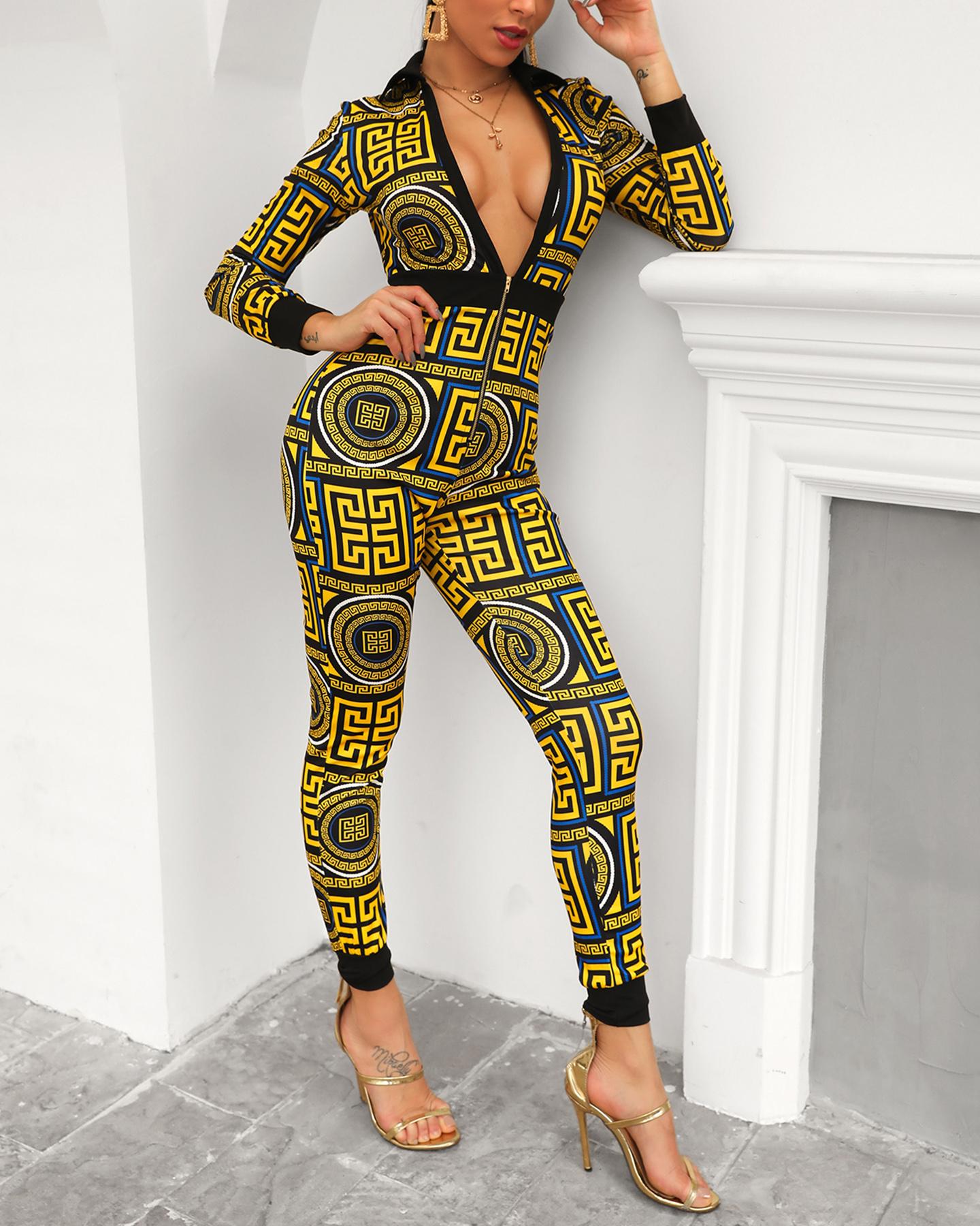 

Print Zipper Design Plunge Slinky Jumpsuits, Gold