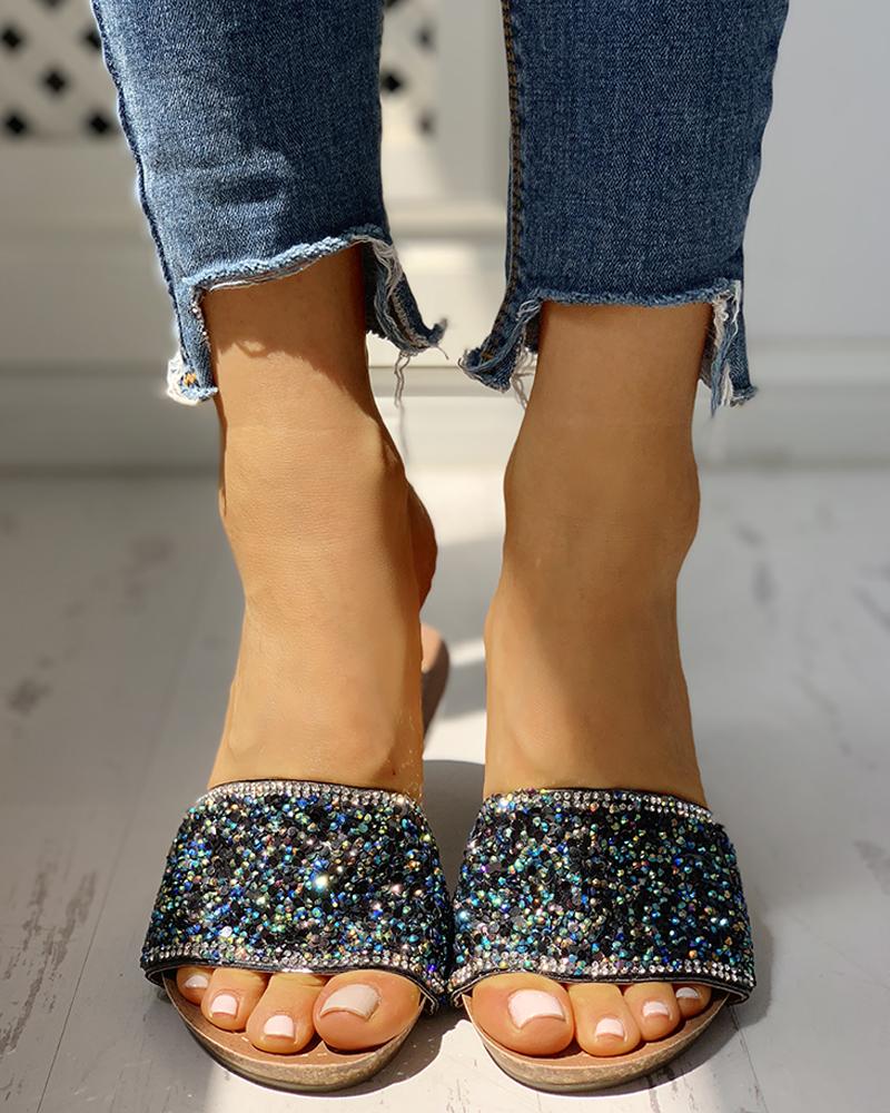 

Open Toe Studded Design Flat Sandals, Black