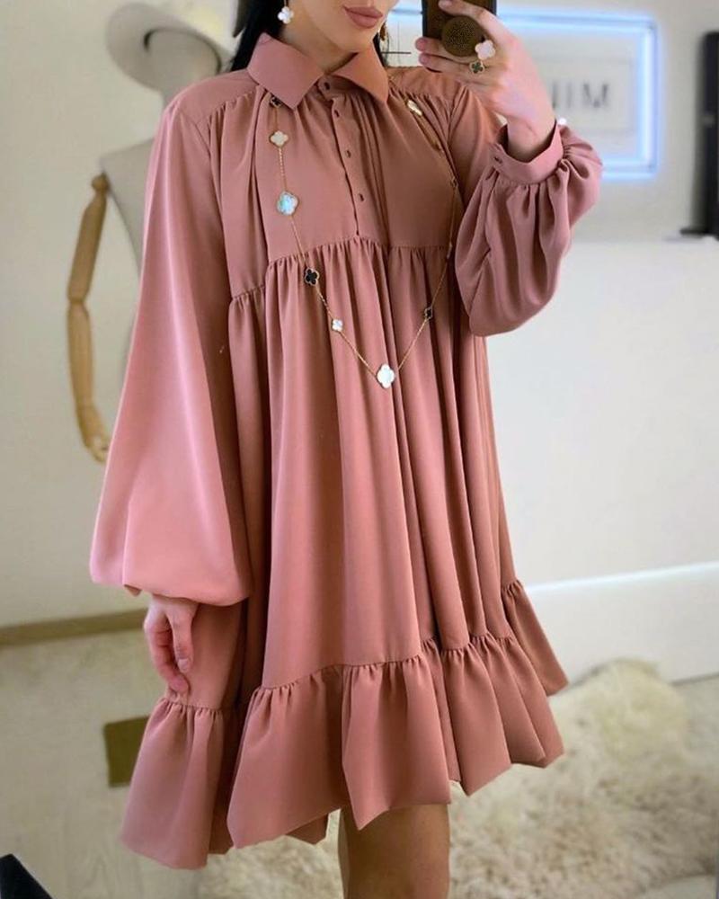 

Lantern Sleeve Button Ruched Ruffle Trim Casual Dress, Pink