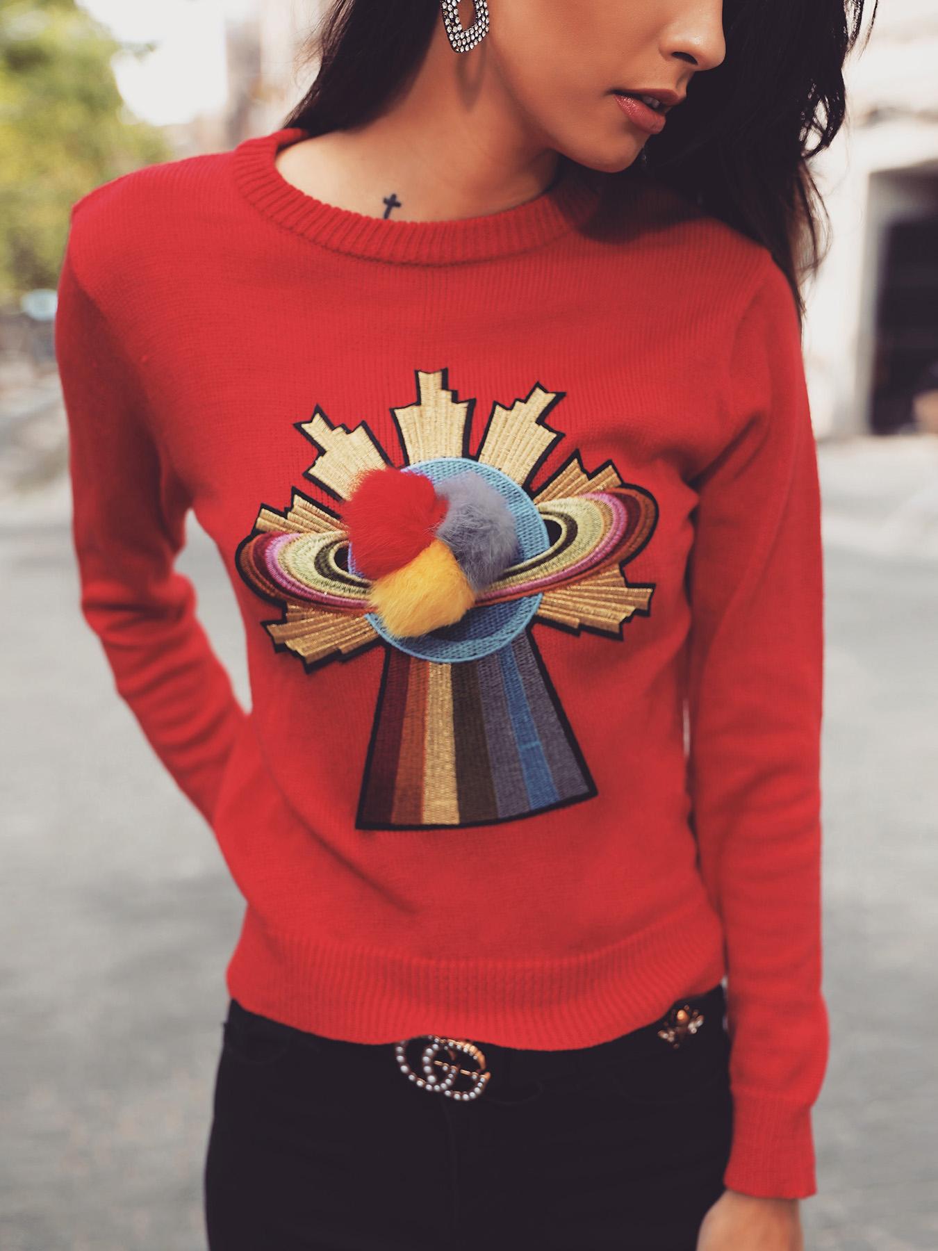 

Fluffy Applique Long Sleeve Casual Sweater, Red