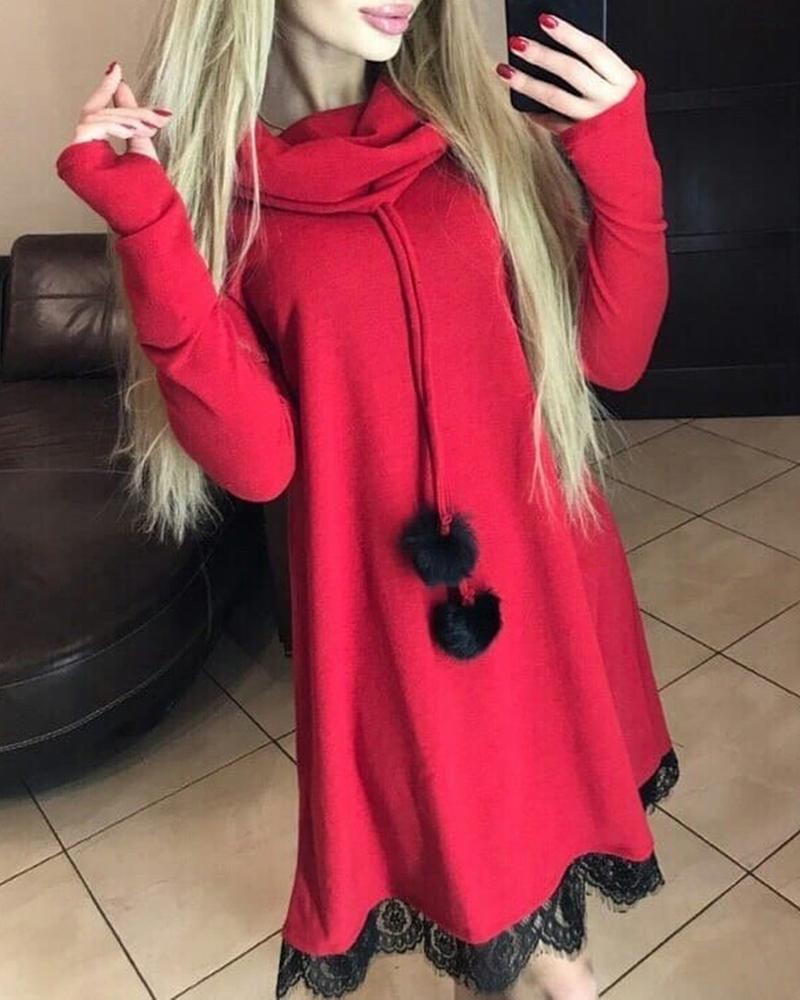 

Drawstring Design Pom Pom Eyelash Lace Insert Long Sleeve Sweatshirt Dress
