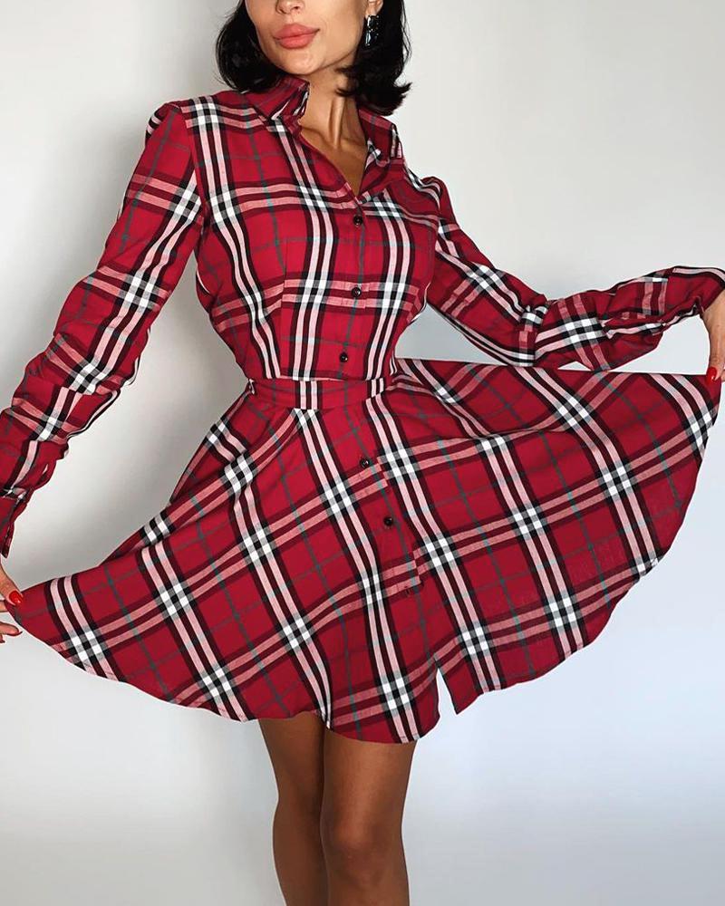

Big Plaid Long Sleeve Skinny Waist A-line Dress, Red