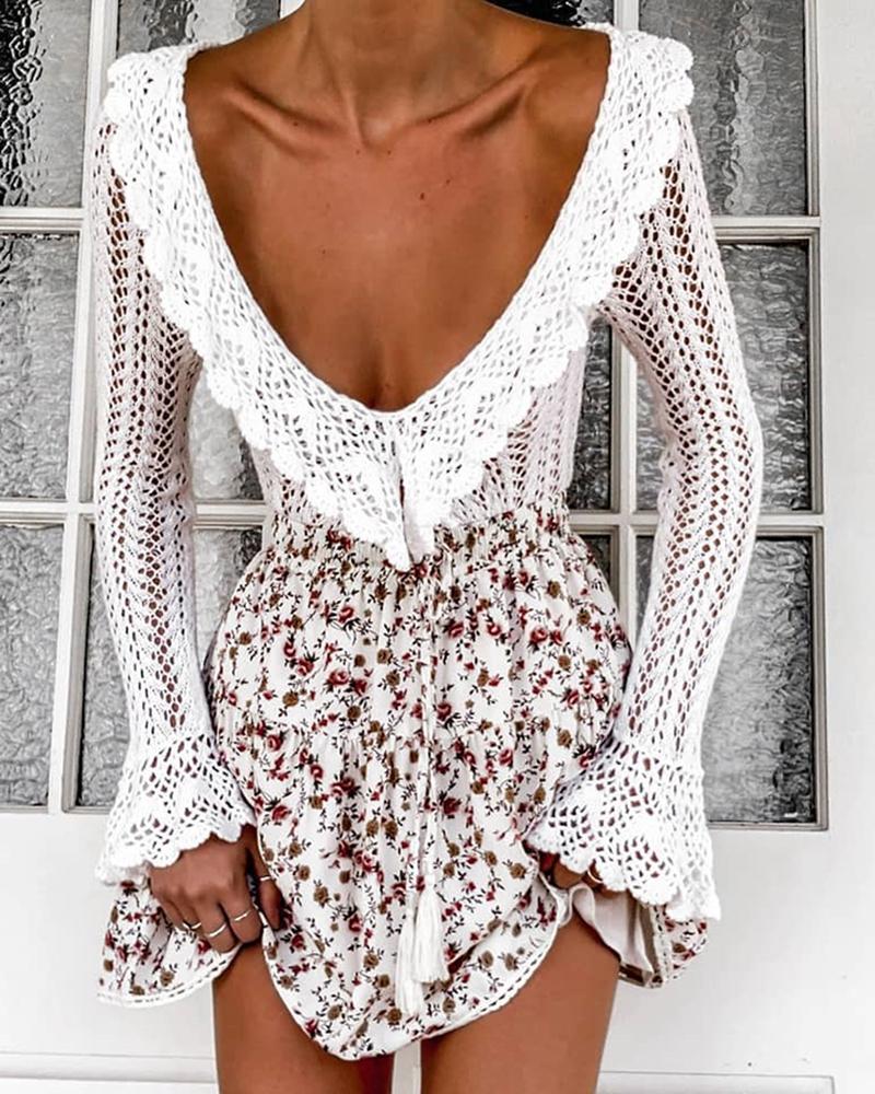 

Deep-V Long Sleeve Hollow Out Blouse, White