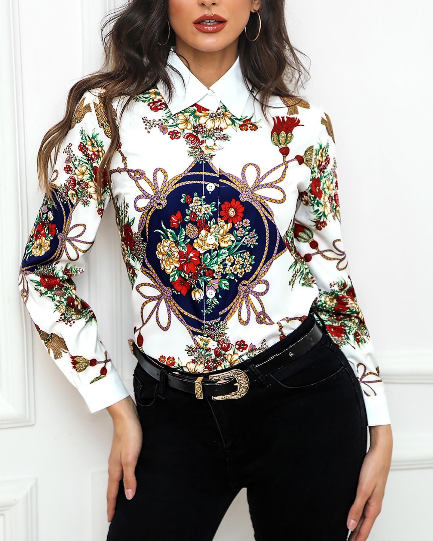 

Retro Floral Print Long Sleeve Shirt, White
