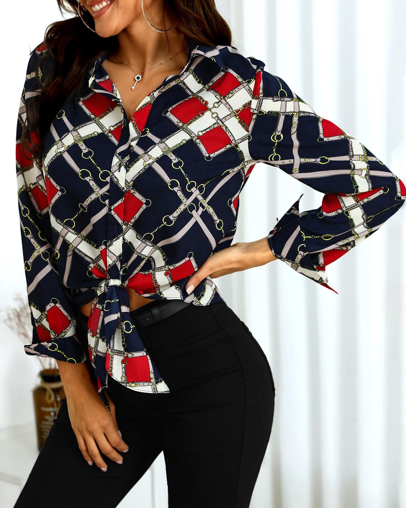 

Chain Print Knot Front Blouse, Multicolor