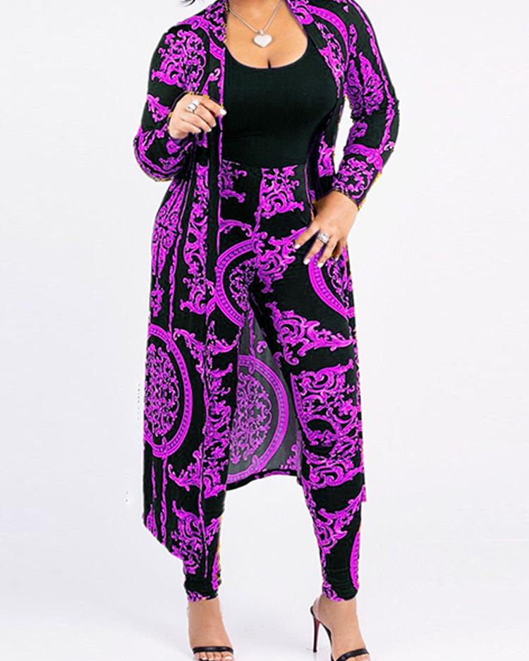 

Open Front Retro Print Cardigan & Pant Sets, Purple