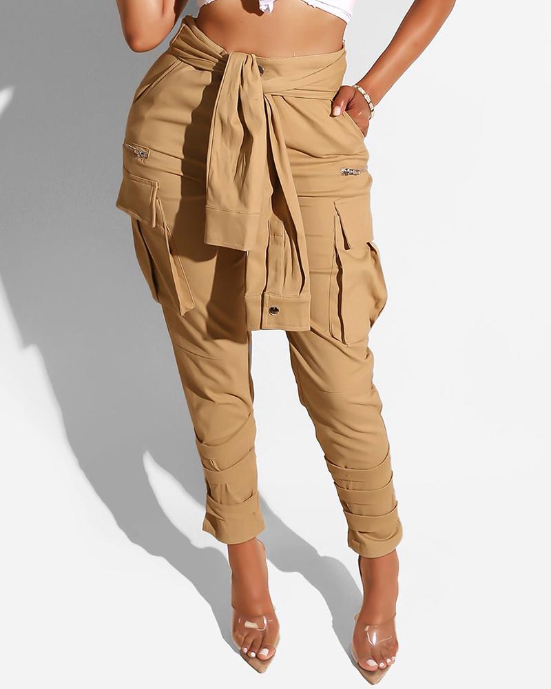 

Knot High Waist Pocket Design Pants, Brown
