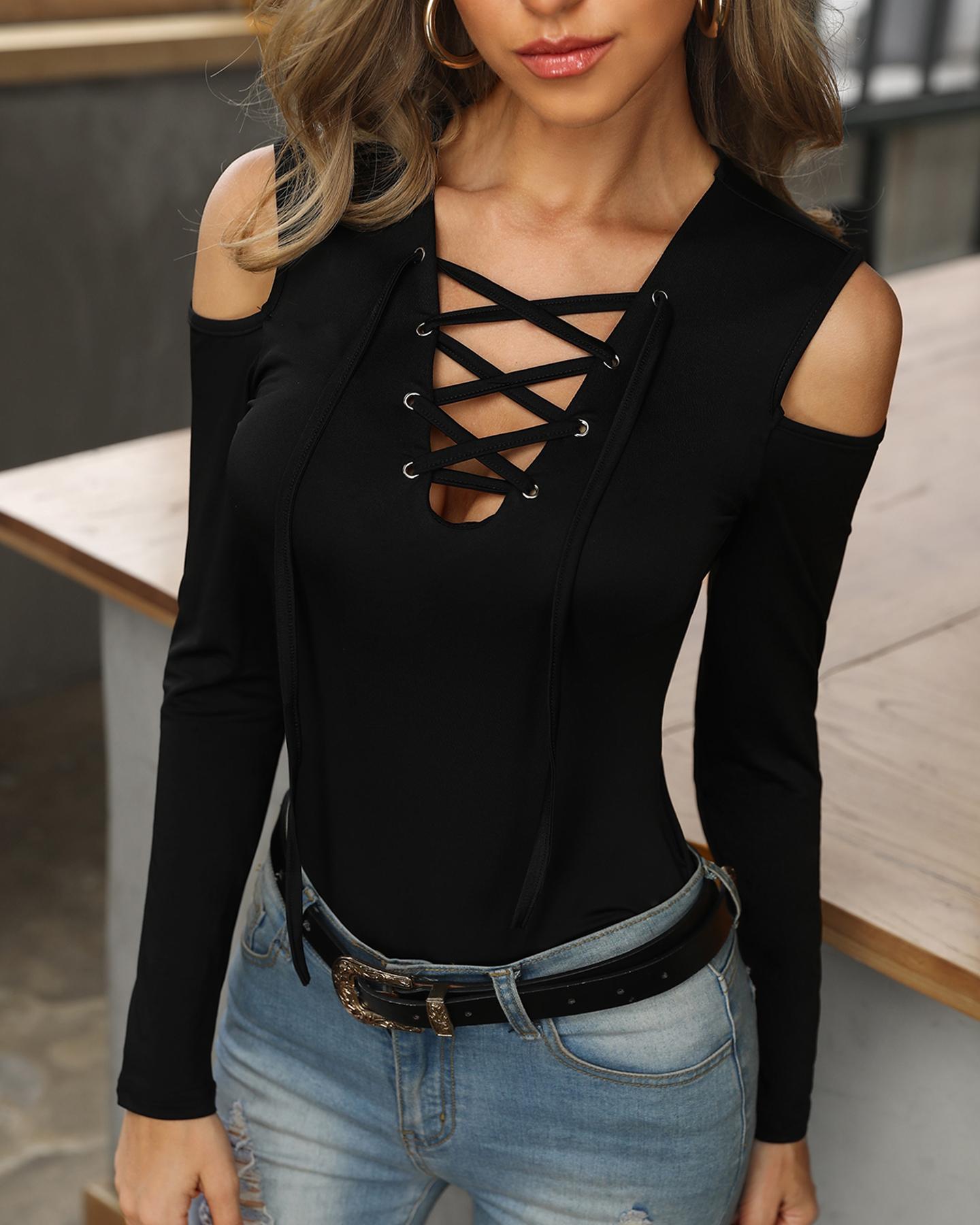 

Cold Shoulder Eyelet Lace-Up Blouse, Black