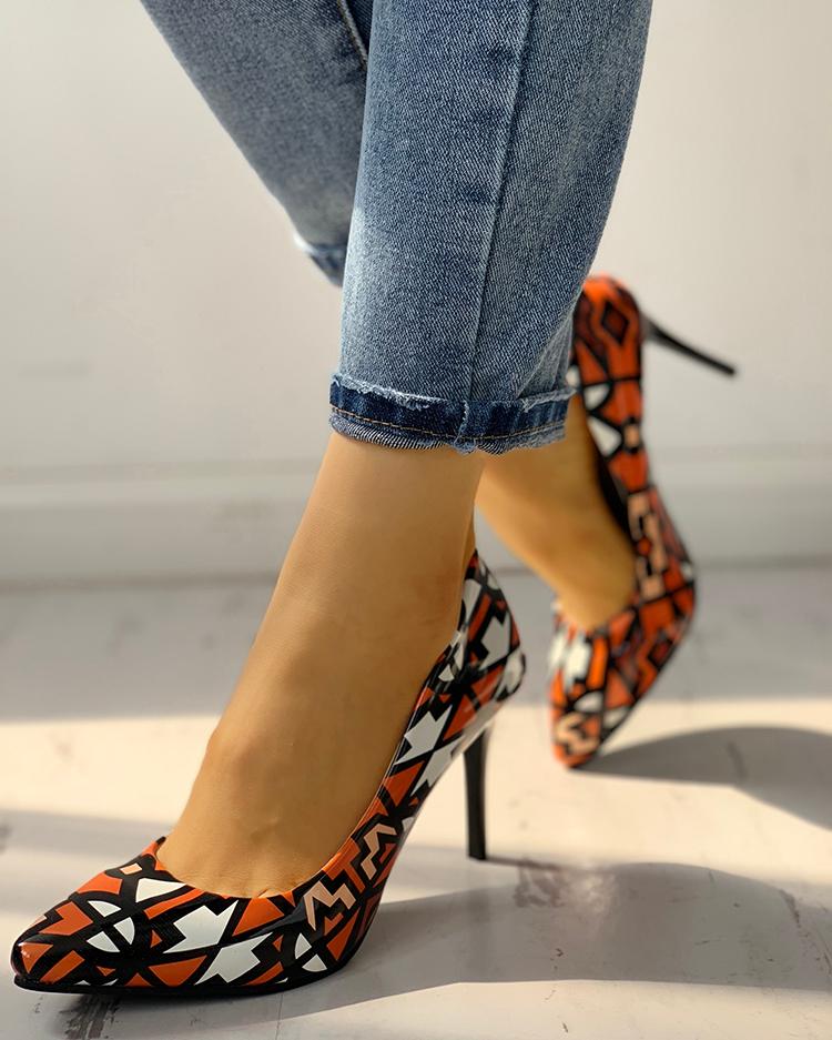 

Printed Pointed Toe Thin Heels, Orange