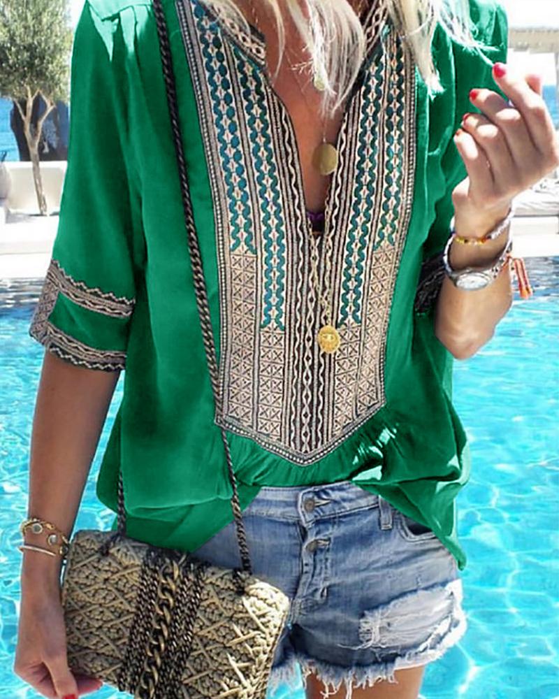 

Ethnic Print Splicing V-Neck Casual Blouse
