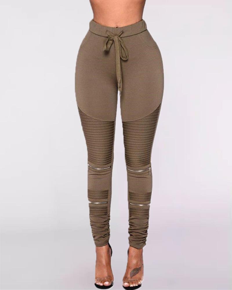 

Plus Size Drawstring Zipper Design Skinny Fold Pants, Khaki