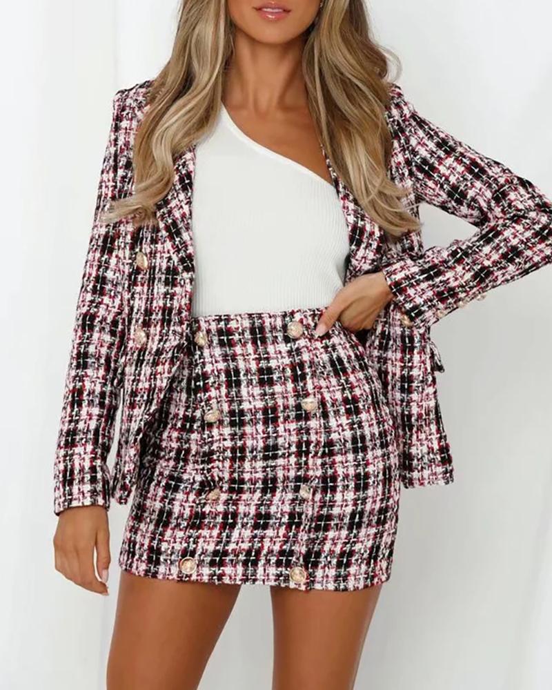 

Notched Collar Double-breasted Plaid Blazer, Red