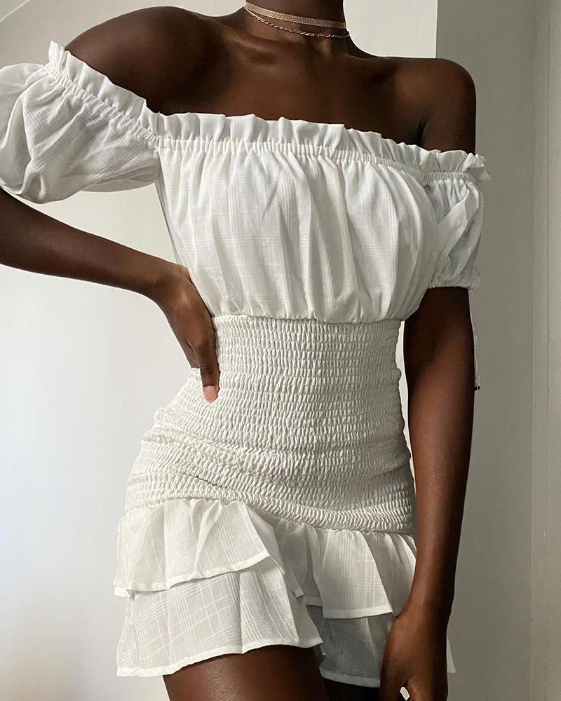 

Off Shoulder Solid Frill Hem Casual Dress, White