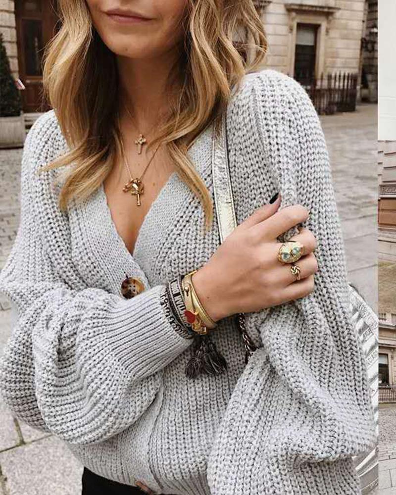 

Plain Lantern Sleeve Button Design Cardigan, Khaki