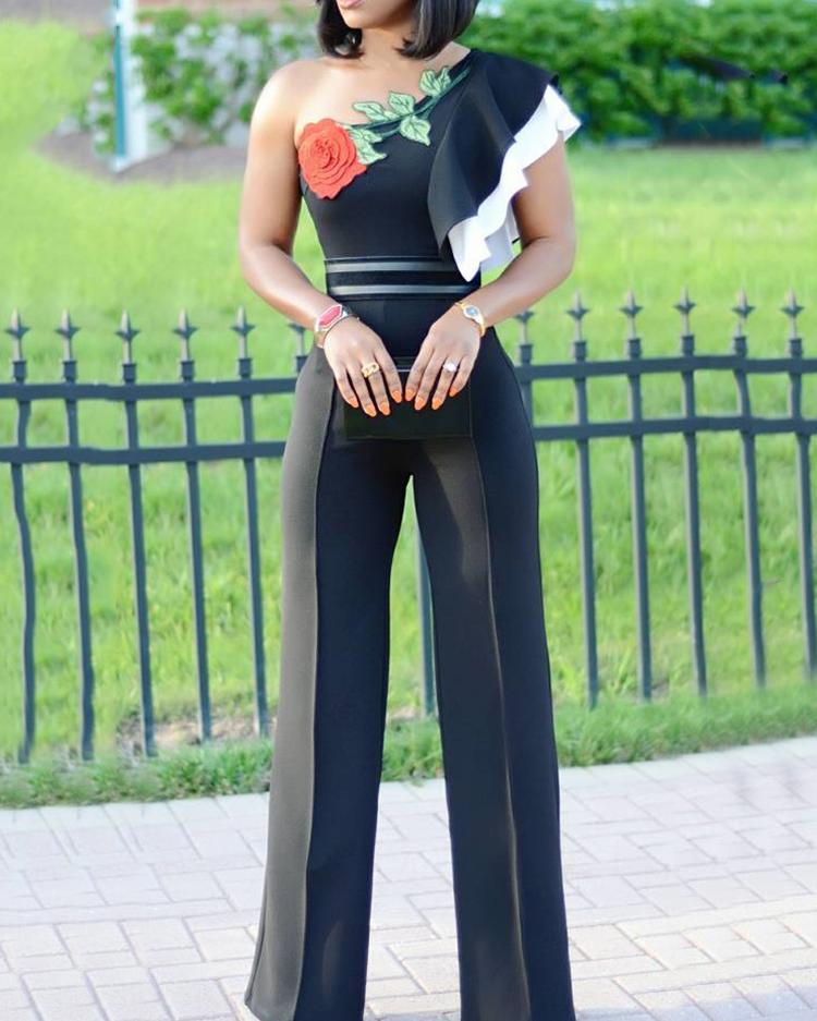 

Floral One Shoulder Wide Leg Jumpsuit, Black