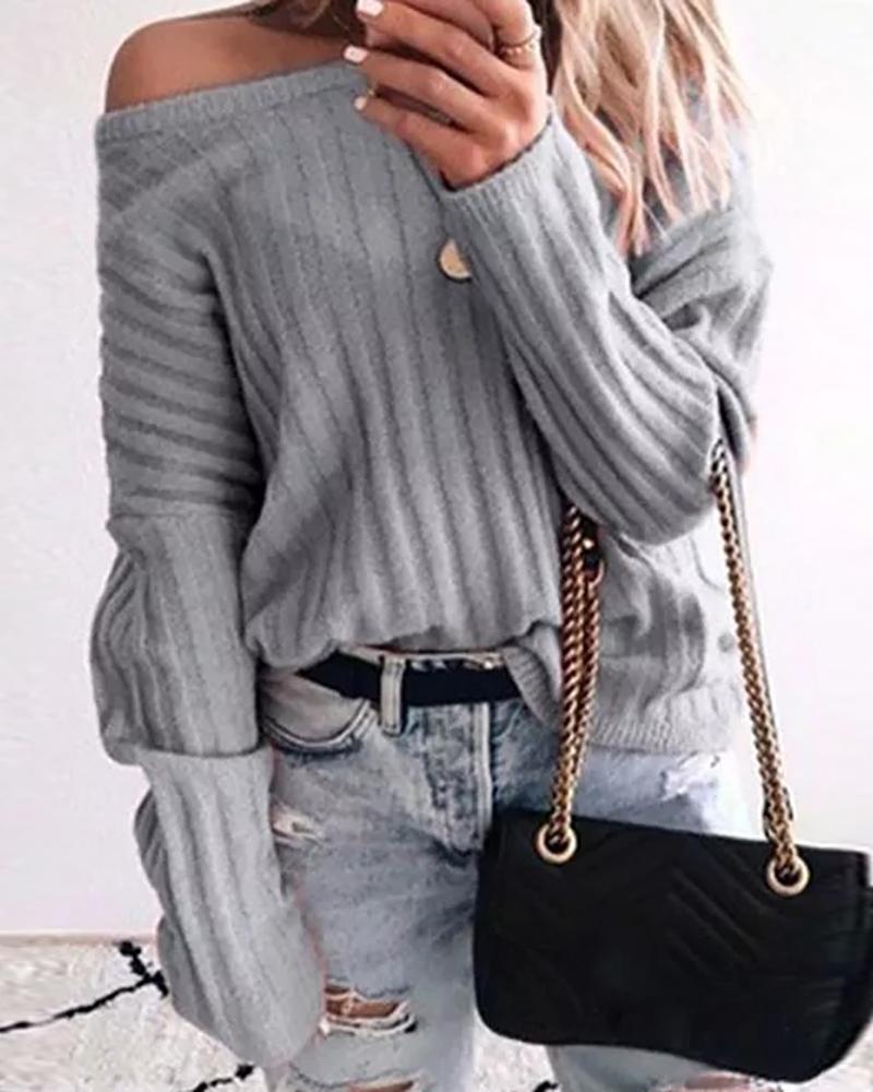

Plain Knit Long Sleeve Casual Sweater, Gray
