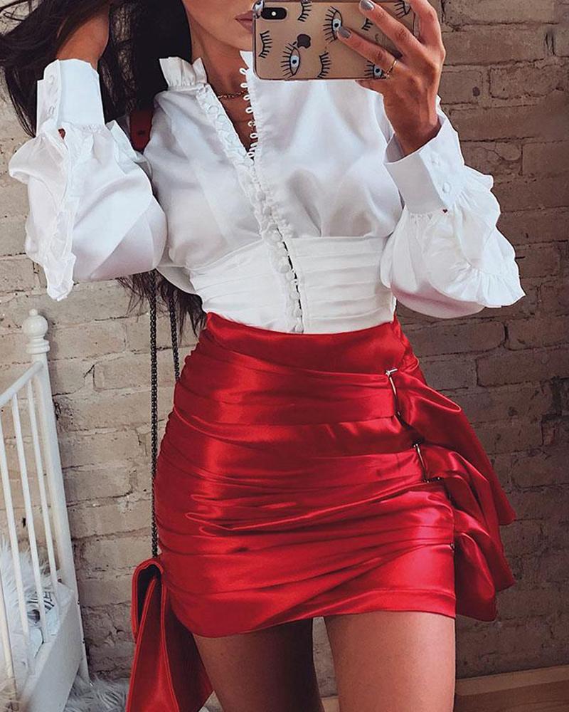 

High Waist Ruched Design Satin Skirt, Red
