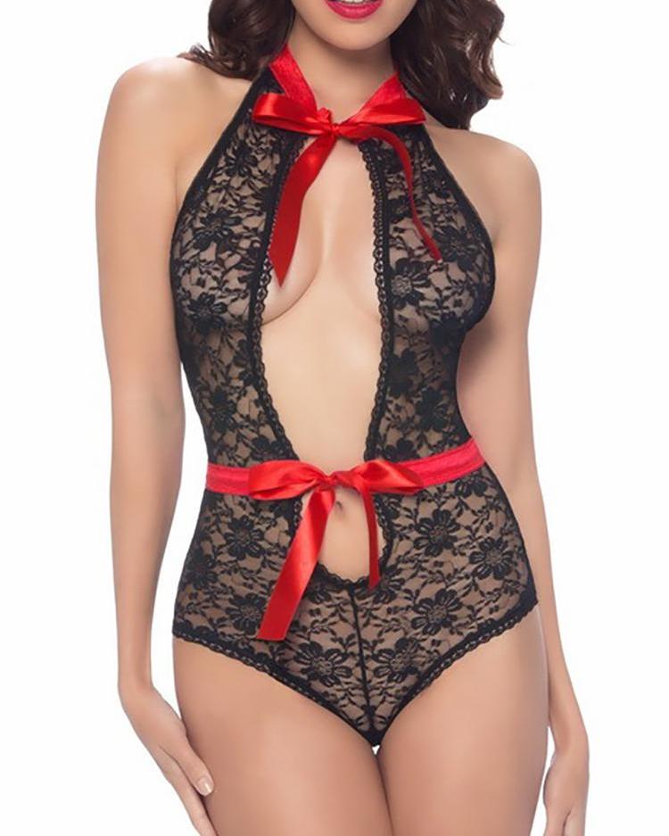 

Open Front Lace Sheer Teddy Bodysuit, Red