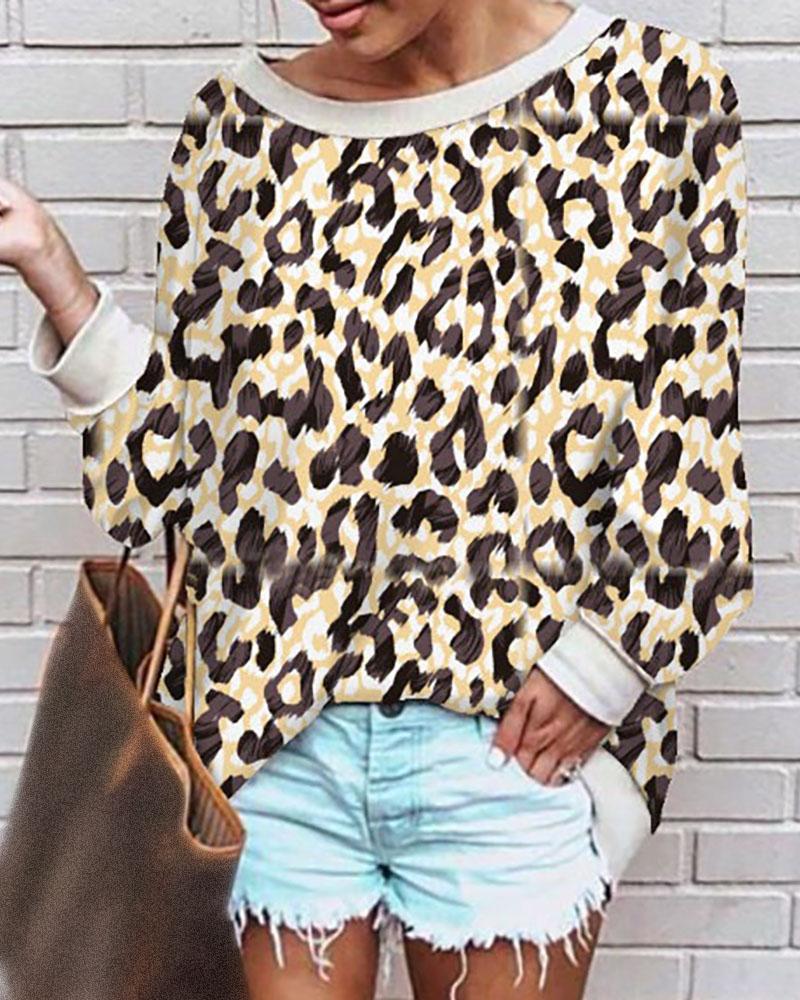 

Floral Cheetah Print Long Sleeve Casual Top, Yellow