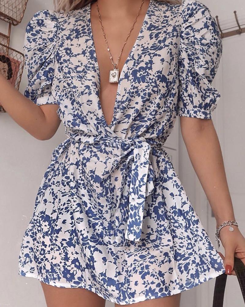 

Puffed Sleeve Floral Print Mini Dress, Blue