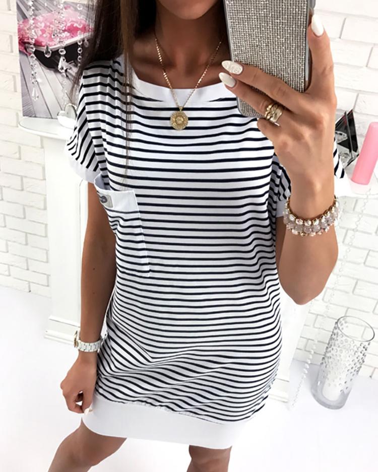 

Splicing Contrast Color Backless Pinstriped Casual Dress, White