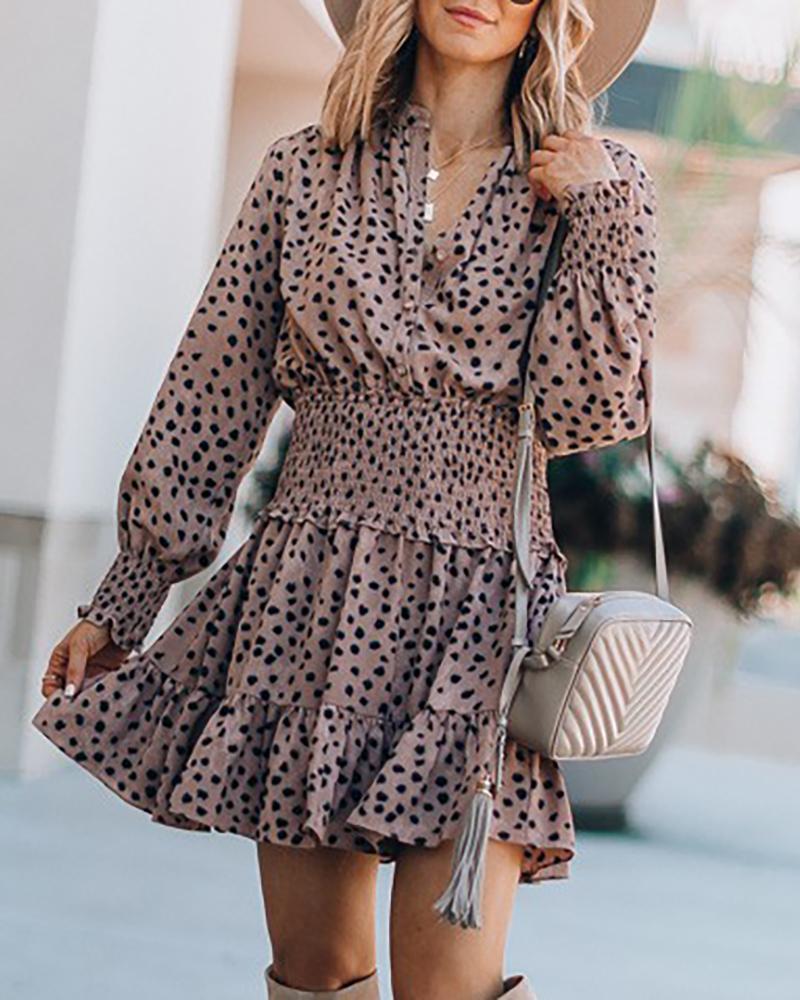 

Polka Dot Lantern Sleeve Shirring Waist Ruffles Dress, Coffee