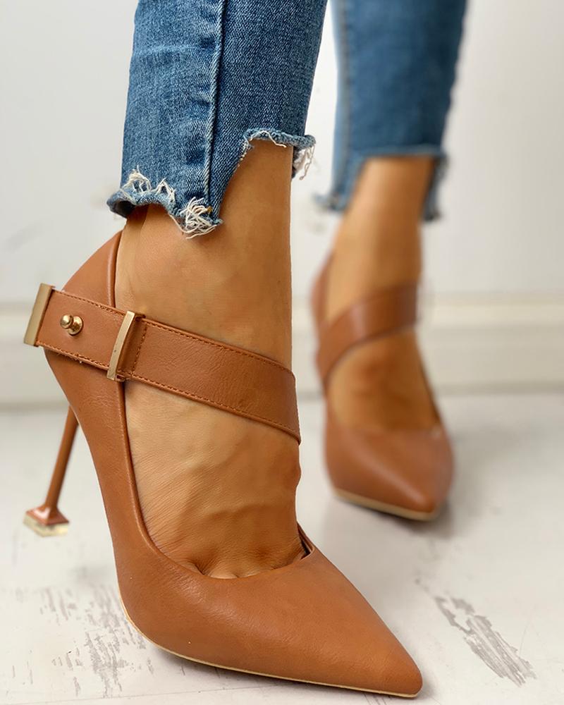 

Solid Pointed Toe Ankle Buckled PU Thin Heels, Brown