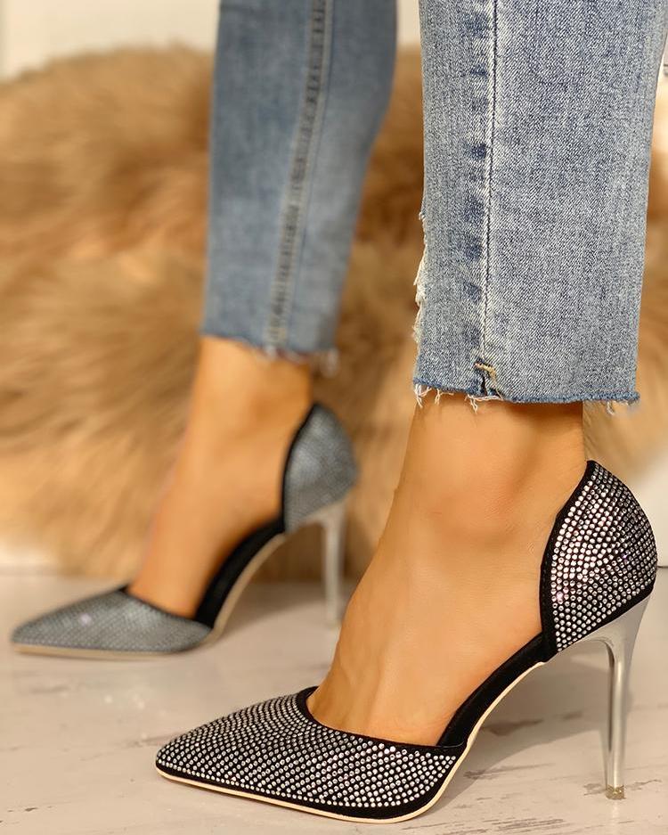 

Glitter Stud Embellished Thin Heels, Silver