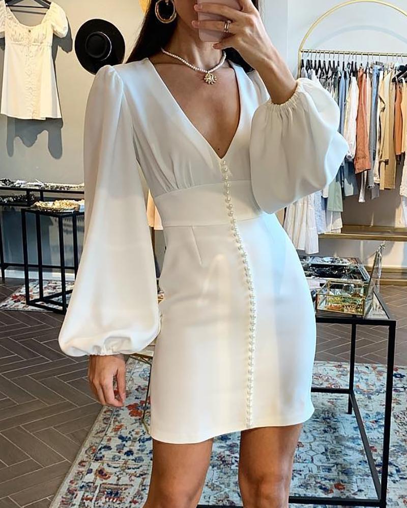 

Solid Lantern Sleeve Tight Waist Dress, White